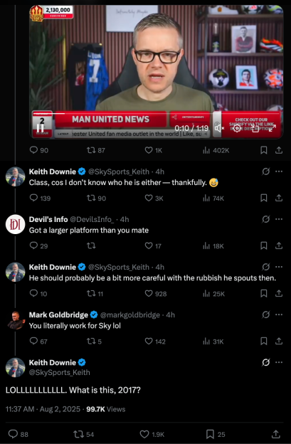 Screenshot of Twitter thread about a Man United news video.