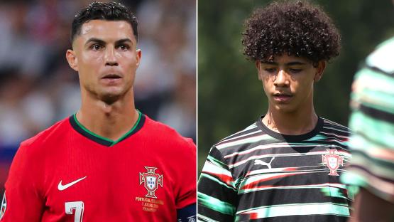 Cristiano Ronaldo Jr, 14, given dad’s number and copies iconic pose as he makes Portugal debut with grandma watching