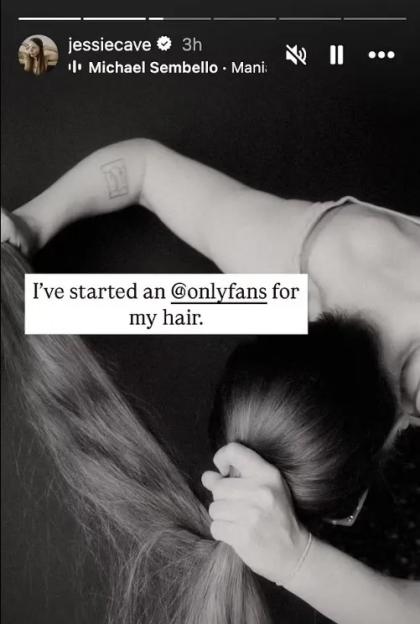 Jessie Cave's Instagram story in black and white, featuring a close-up of a person's arm with a tattoo and hair being held, with text stating "I've started an @onlyfans for my hair."