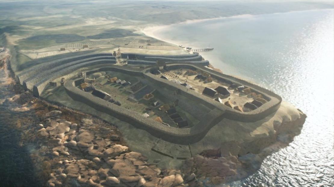 Illustration of a reconstruction of the Burghead Pictish fort in Moray, Scotland.