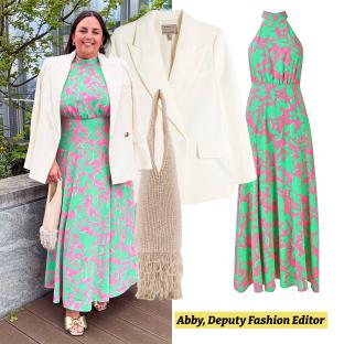 Collage of Abby, Deputy Fashion Editor, wearing a pink and green floral dress, white blazer, and beaded bag.