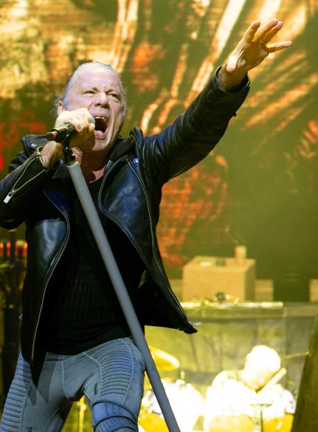 Bruce Dickinson of Iron Maiden performing at Co-op Live in Manchester, England.