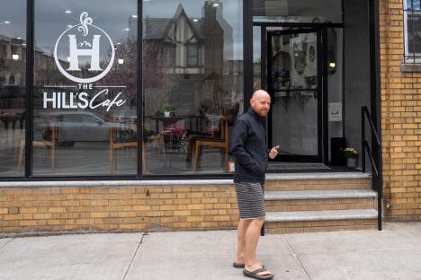 Jason Zimbler, known for his role in Clarissa Explains It All, outside The Hill's Cafe in Queens, New York.