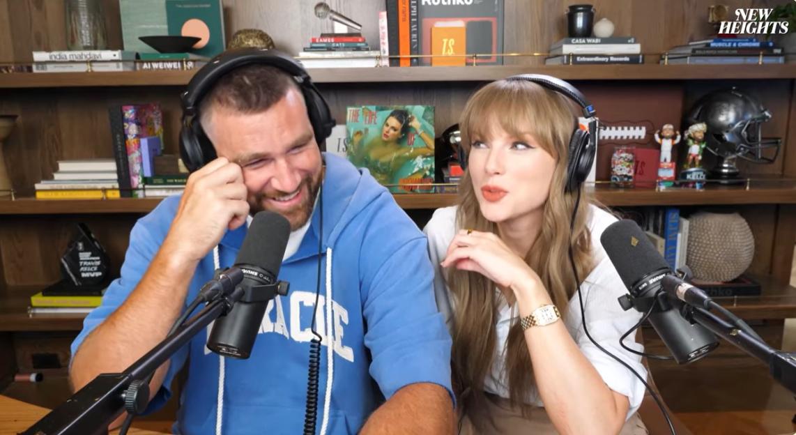 Travis Kelce and Taylor Swift on a podcast.