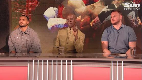 Chris Eubank Snr, George Groves, and Harlem Eubank discussing a boxing match.