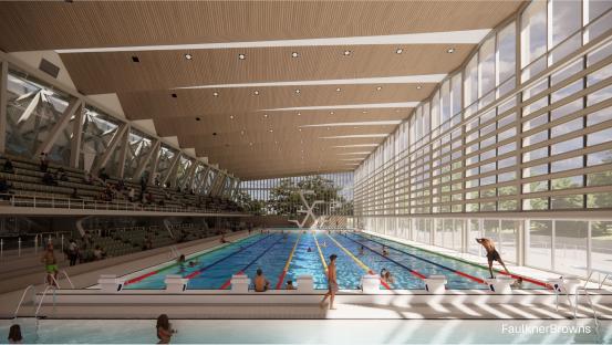 Illustration of an indoor swimming pool with spectators.