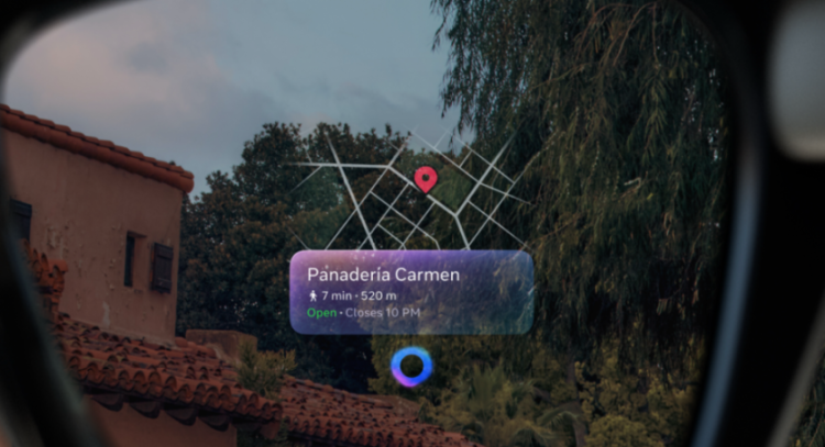 Augmented reality glasses showing directions to Panadería Carmen, 7 min and 520m away, open until 10 PM.