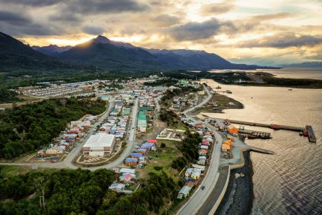 Aerial view of Puerto Williams, Chile at sunset.