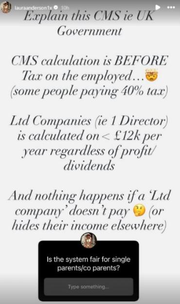 Screenshot of a social media post questioning the fairness of the UK government's CMS system for single parents and co-parents.