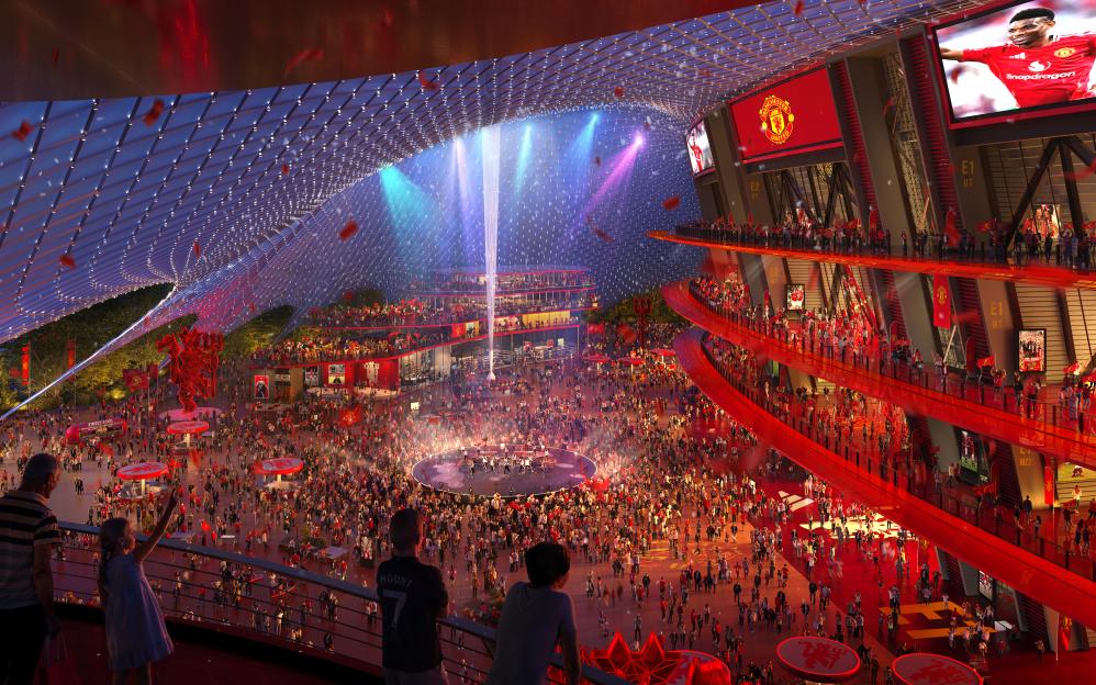 Illustration of a conceptual Manchester United stadium and surrounding area, with a large crowd gathered for an event.