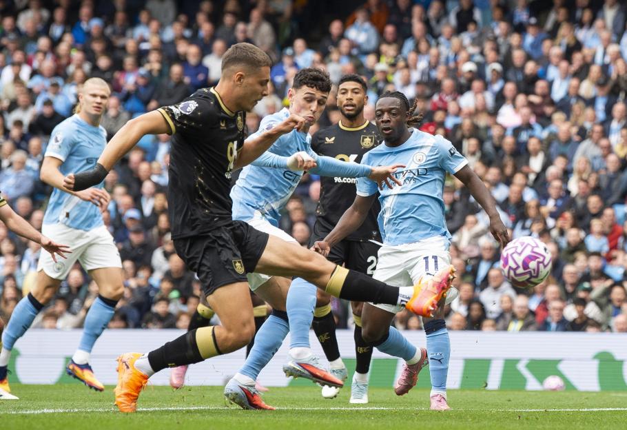 Phil Foden in action during the 1-0 own goal against Burnley FC.