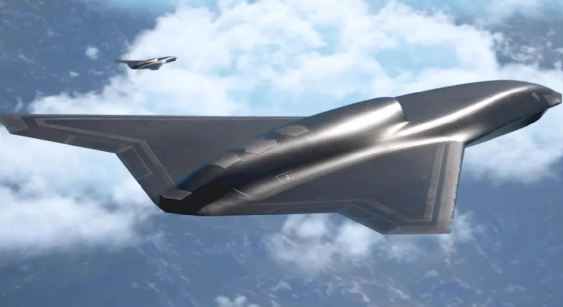 Illustration of two stealth aircraft flying in the sky.
