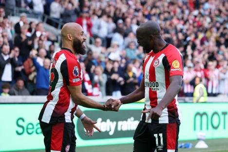 Brentford players celebrating a goal.