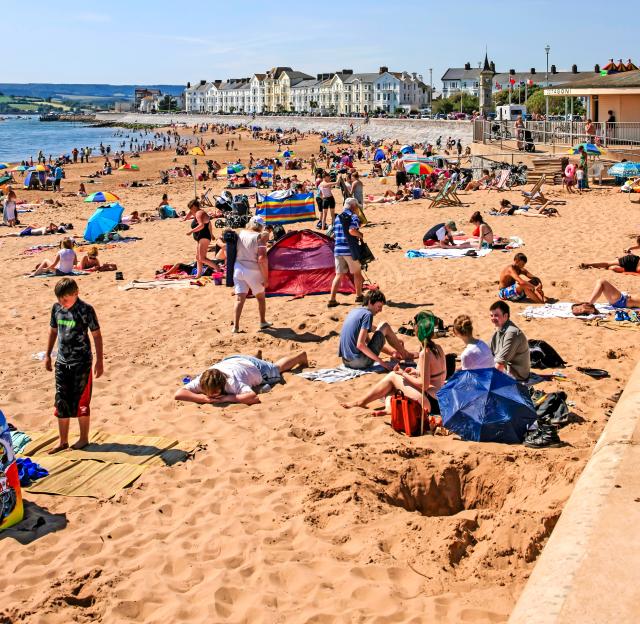 Crowded beach in Exmouth, UK.