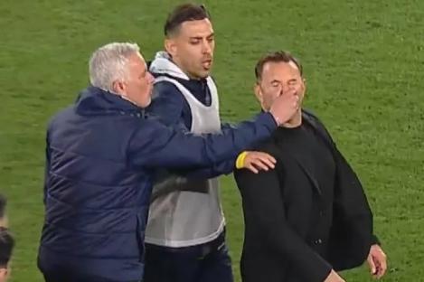 Crazy moment Jose Mourinho pinches Galatasaray manager’s NOSE before he falls to ground sparking chaos
