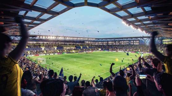 Illustration of a full soccer stadium with fans celebrating.