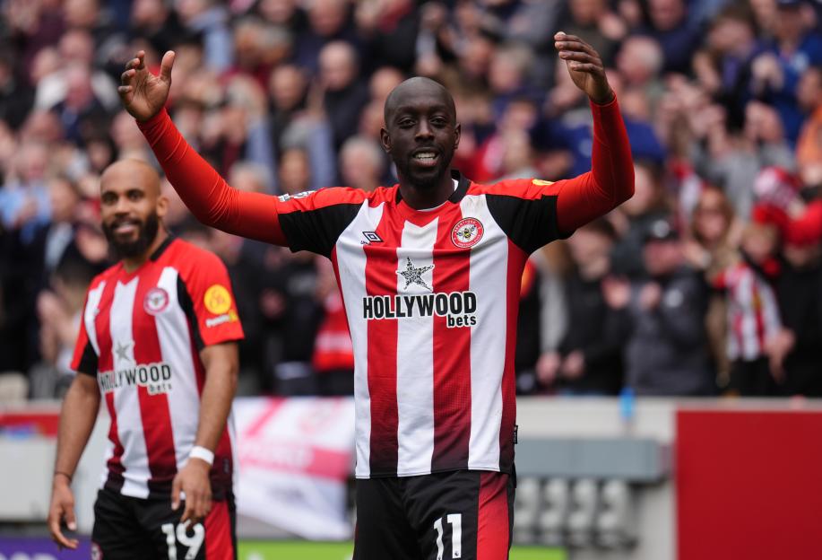 Yoane Wissa of Brentford celebrates a goal.