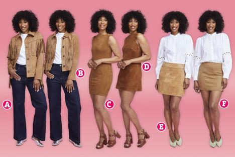 Woman modeling suede skirts and jackets.