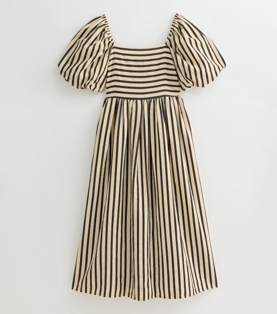 Beige and brown striped midi dress with puff sleeves.