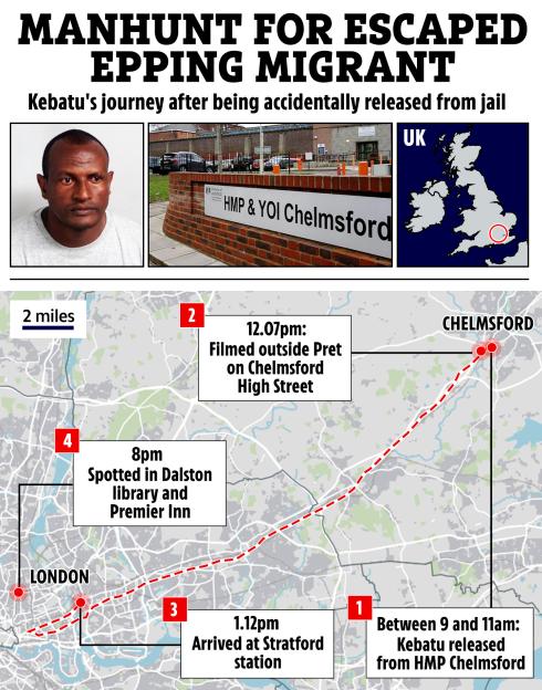 Collage of images illustrating the journey of Kebatu, a migrant, including his photo, the Chelmsford prison, a map of the UK with Chelmsford highlighted, and a detailed map tracking his movements from Chelmsford to London with timestamps.