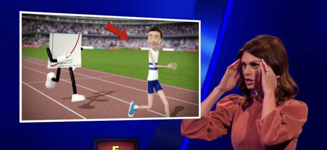 A woman looks perplexed while watching an illustration of an increasing graph and a runner on a track.