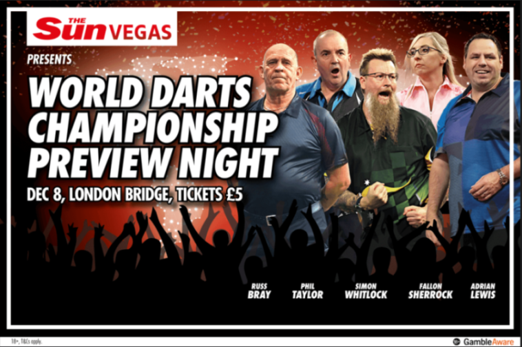 A promotional poster for the "World Darts Championship Preview Night" featuring five darts players and audience silhouettes.