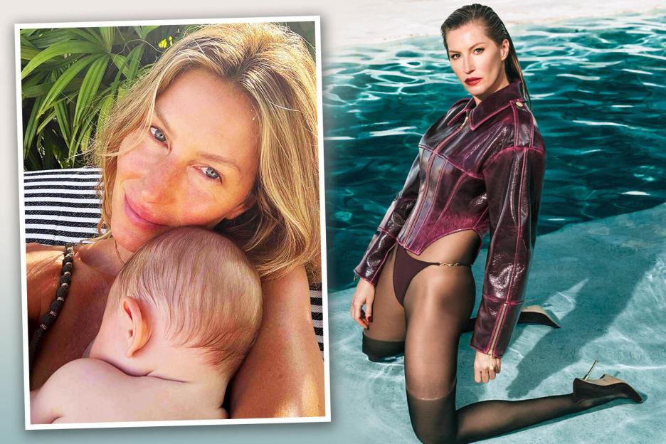 Collage of Gisele Bündchen with her baby and in a photoshoot by a pool.