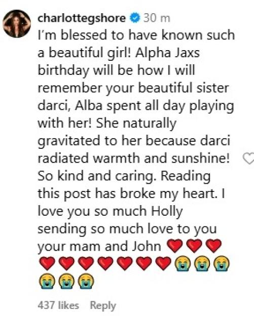 A screenshot of a social media post by "charlottegshore" expressing condolences for Holly Hagan's sister Darci.