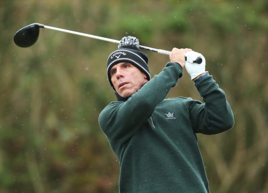 Gianfranco Zola tees off on the 11th hole at the Alfred Dunhill Links Championship at Kingsbarns Golf Links.