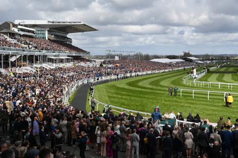 Horses and jockeys jumping a hurdle during a steeplechase.