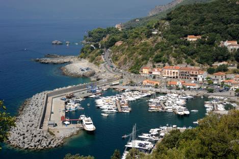 Maratea port in Basilicata, Italy, with many boats and yachts in the marina.