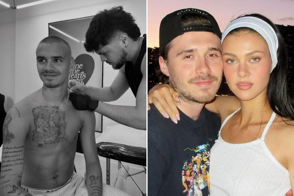 An image collage containing 2 images, Image 1 shows Romeo Beckham getting a new tattoo, Image 2 shows Brooklyn Beckham and Nicola Peltz hugging