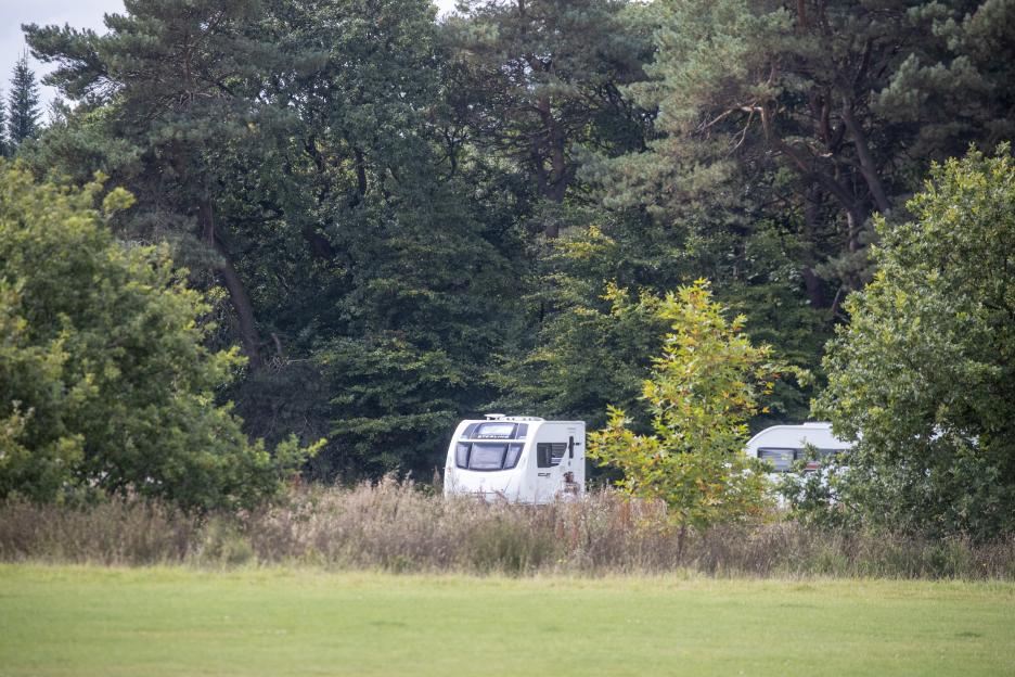 Caravans parked in a wooded area of Elburn Park.