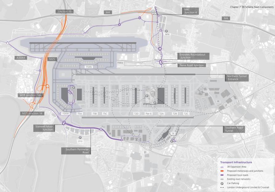 Illustration of Heathrow Airport expansion plans, showing proposed motorways, roads, and junctions.