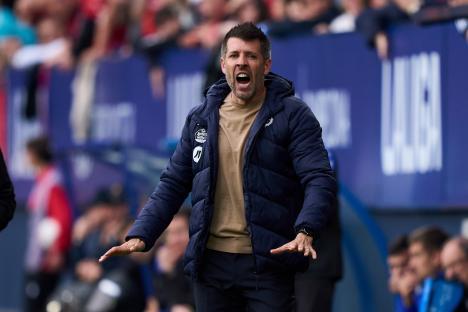 Paulo Pezzolano, head coach of Real Valladolid, reacts during a La Liga match.