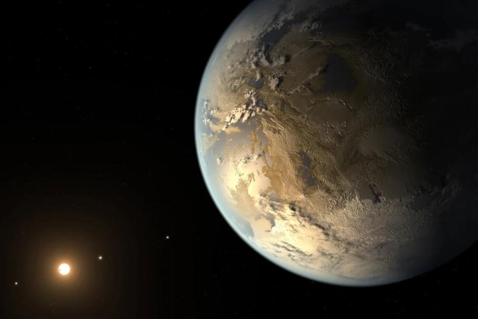 Artist's impression of Proxima b's surface at sunset, showing a rocky landscape and two stars in the sky.