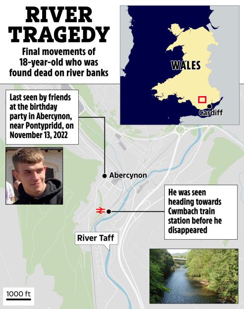 Collage of a map showing the River Taff, a photo of an 18-year-old, and a photo of the river, detailing the final movements of an 18-year-old before being found dead.