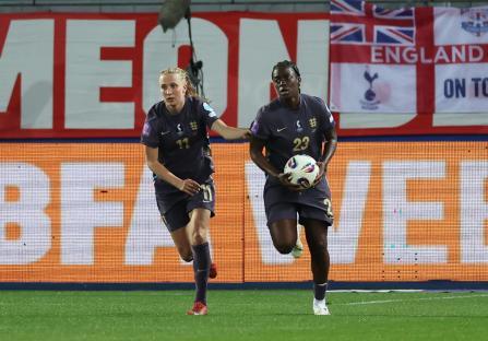 England's Michelle Agyemang and Aggie Beever-Jones celebrating a goal.