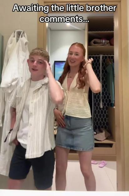 Screenshot of a TikTok video showing a young man and woman anticipating comments about their relationship.