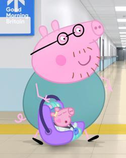 Illustration of Peppa Pig's dad carrying a baby pig in a car seat.
