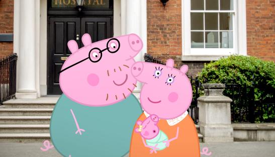 Illustration of Daddy Pig and Mummy Pig holding their new baby daughter, Evie, outside a hospital.