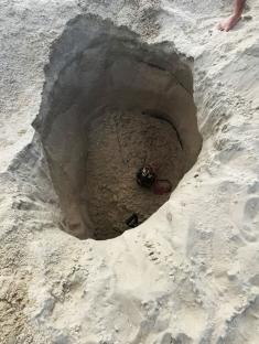 Person buried in a sand pit on a beach.