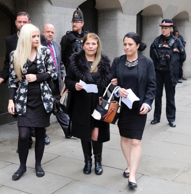 Family of victim Jack Taylor, Jeanette, Jenny, and Donna, leaving the Old Bailey court case for serial killer Stephen Port.