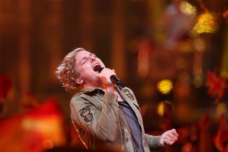 A singer from the Hungarian band AWS performs at the Eurovision Song Contest.