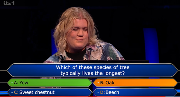 Contestant answering a question about which tree species lives the longest.