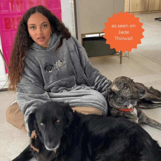 Jade Thirlwall wearing a gray, oversized hoodie with two embroidered dog faces, sitting with two dogs.