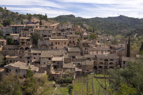 Medieval village nestled in a mountainside.