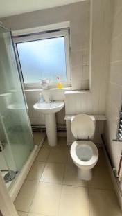 Small bathroom with shower, sink, and toilet.