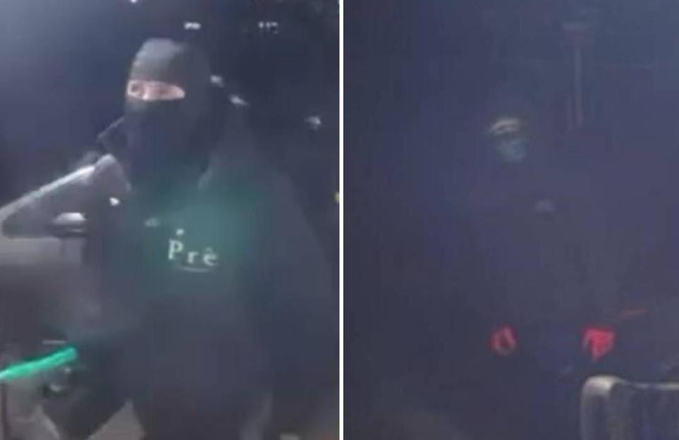 Collage of two images showing a person in a ski mask and a dark hoodie, with the hoodie having the word "Prè" written on it.