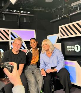 Katie Thistleton, Vick Hope, and Jamie Laing at BBC Radio 1.